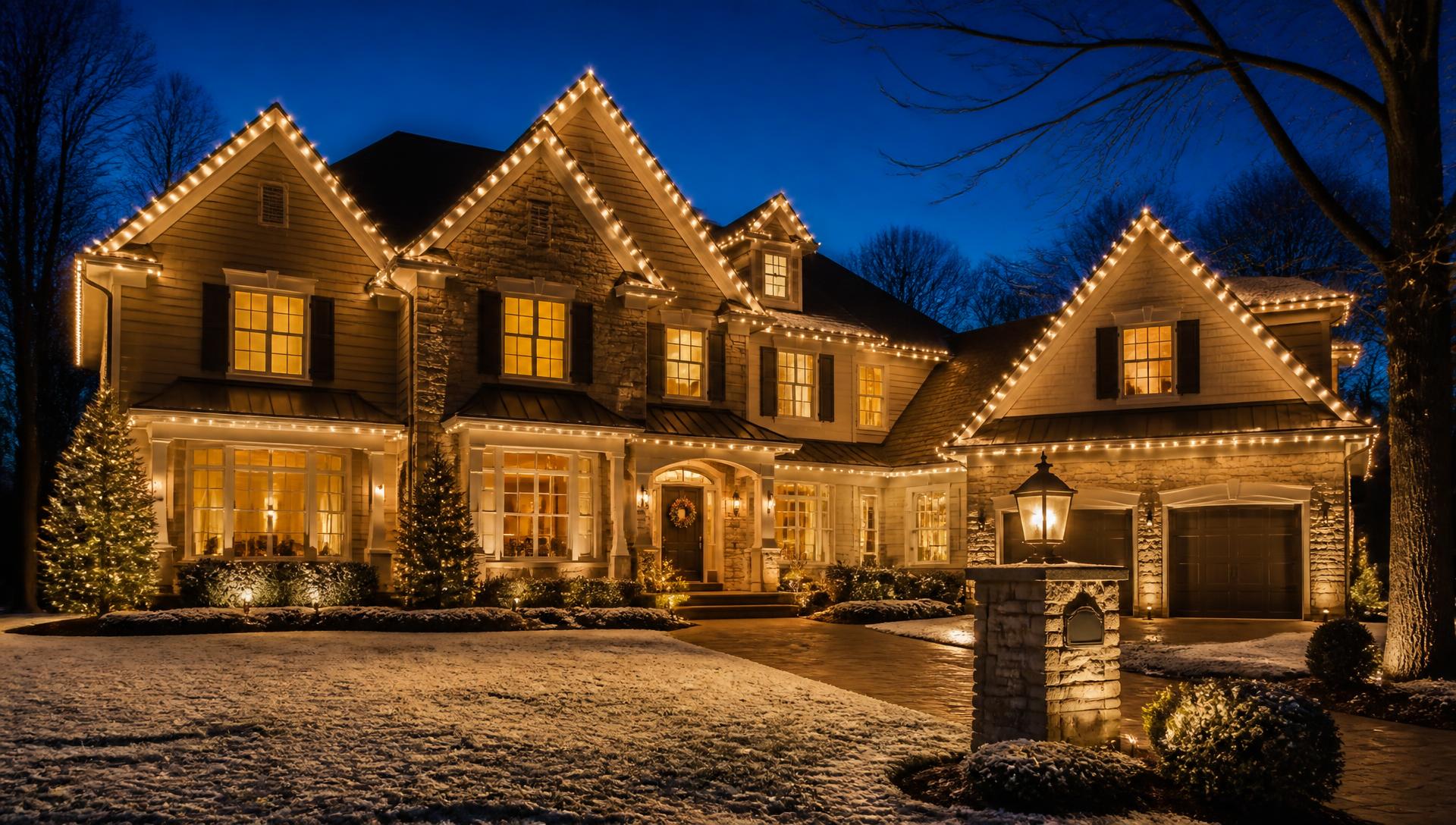 Home roofline outlined in warm white holiday lights at night